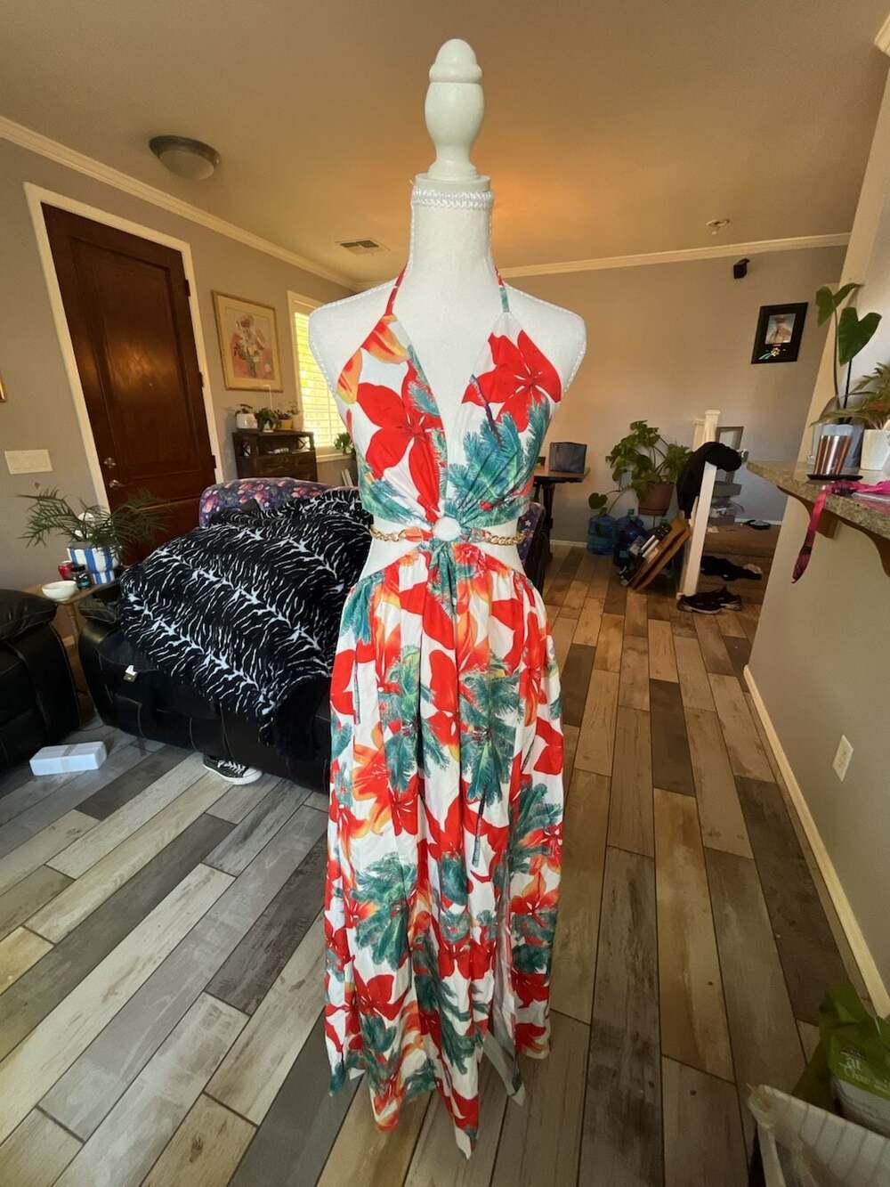 Tropical Floral Print Chain Decor Cut-Out Halter Maxi Resort Dress